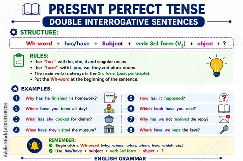 Present Perfect Tense Double Interrogative Sentences English Grammar Infographic