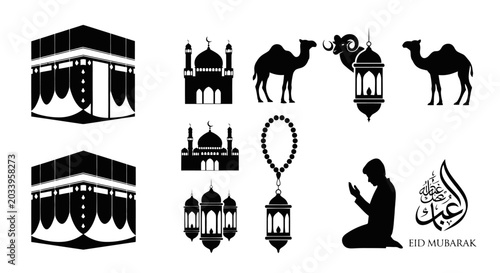 Cuadro en lienzo Islamic Hajj and Umrah icons set, Kaaba and mosque silhouettes for Eid Mubarak,