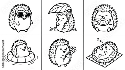 Cute hedgehog grid collage in black and white line art style collection