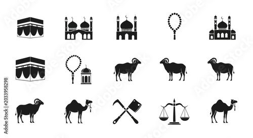 Obraz na plátně Islamic Hajj and Eid al-Adha icon set, 15 black vector silhouettes of Kaaba, mos