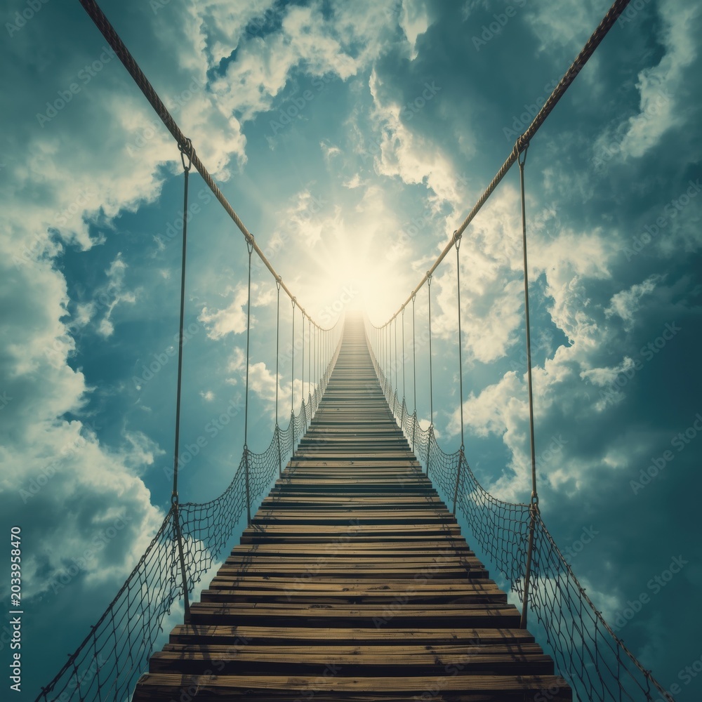 Fototapeta premium Vibrant surreal staircase ascending through cloudy blue sky