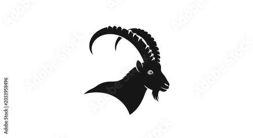 Foto Alpine ibex head vector silhouette, wild mountain goat profile with long curved