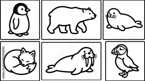 Six animals in a grid vector line art