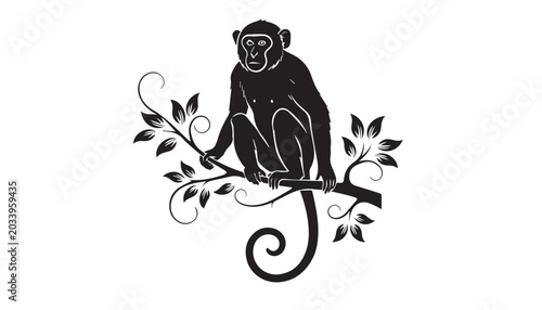 Photography Black Monkey Sitting on Tree Branch Vector Illustration