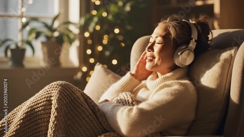 Woman relaxing with headphones and blanket in sunny cozy home