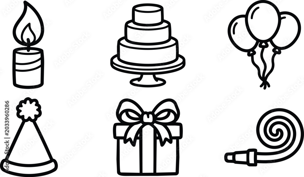 Obraz premium Birthday party icons candles balloons gift cake and hat in black and white vector illustration