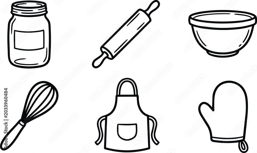 Fototapeta premium Kitchen utensils icons set in line art style for baking and cooking