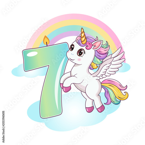 Birthday party invitation. Template. Cute unicorn with the number seven. Vector illustration