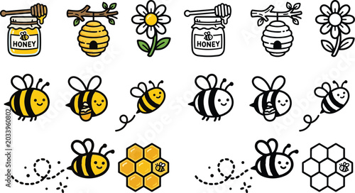 Colorful vector beehive and honey jar collage with bees and daisies design