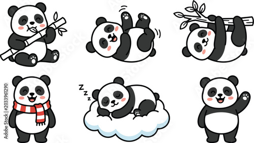 Playful panda cartoon sticker set with bamboo scarf cloud nap and waving poses