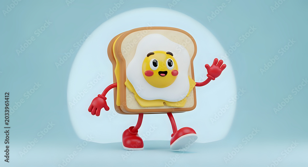 Fototapeta premium Cartoon fried egg on toast character waving with food character food and drink 3D render