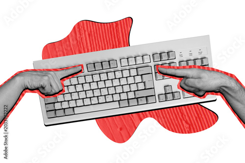 Tableau sur toile Composite photo collage of hand press computer keyboard button wireless alphabet