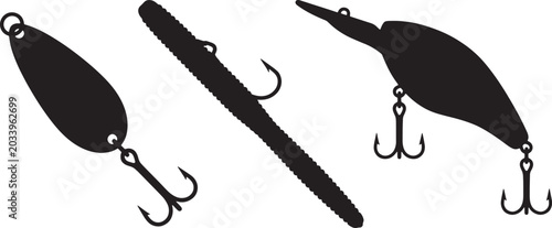 Cuadro en lienzo Solid black silhouette of artificial fishing lures and baits vector