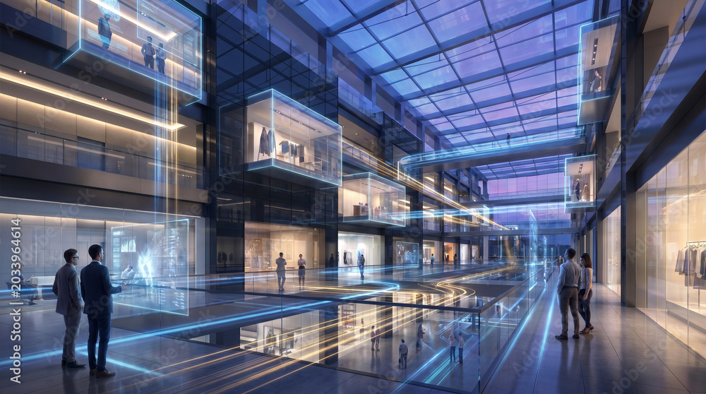 Obraz premium Futuristic corporate atrium with glowing data streams, depicting interconnected technology and smart digital innovation in a dynamic business environment