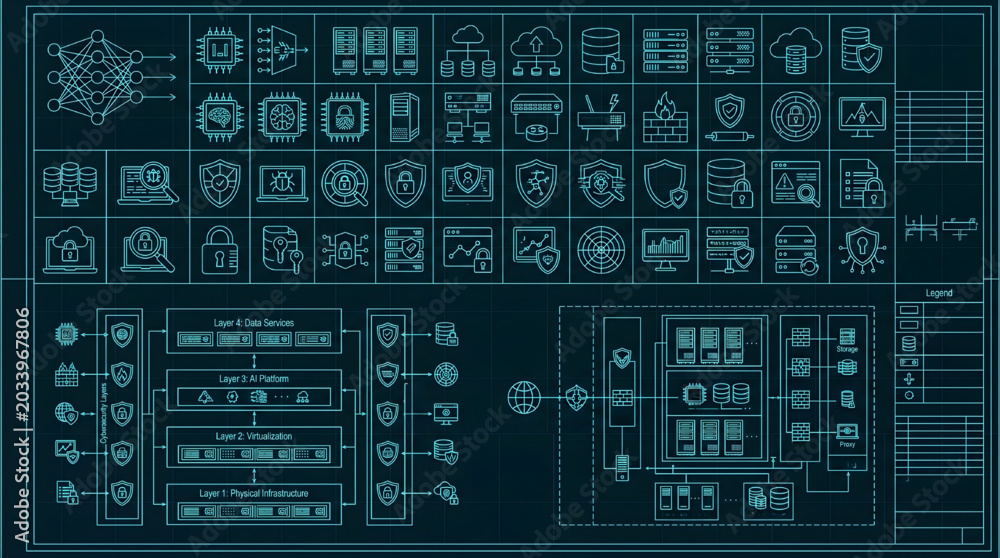 Fototapeta premium AI Infrastructure Cybersecurity Layer CAD Icon Pack Blueprint Vector with Data Services and AI Platform Architecture