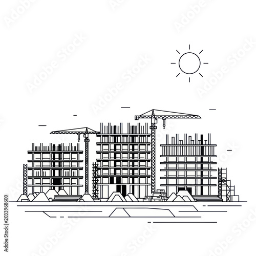 Foto Construction site with cranes and unfinished buildings, linear drawing, sunny da