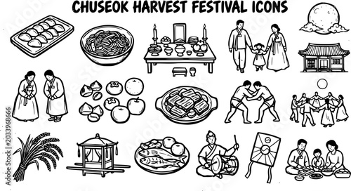 Tableau sur toile Traditional Korean Chuseok Harvest Festival Black and White Line Art Icons Set -