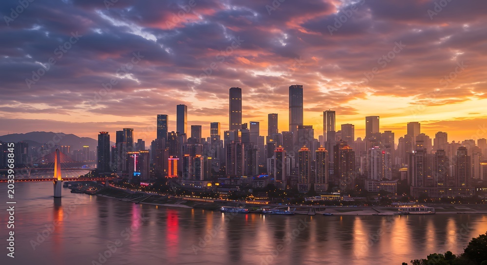 Fototapeta premium Chongqing Skyline at Dusk: River Reflections and Towering Skyscrapers under a Dramatic Sky