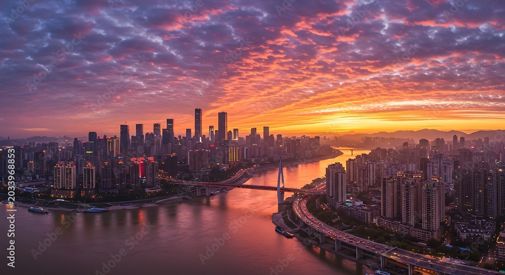 Fototapeta premium Chongqing cityscape at sunrise with vibrant orange and purple sky over Jialing River