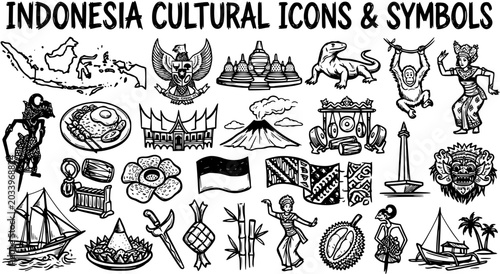 Tableau sur toile Hand-Drawn Line Art Doodle Collection of Indonesia's Cultural Icons and National Symbols