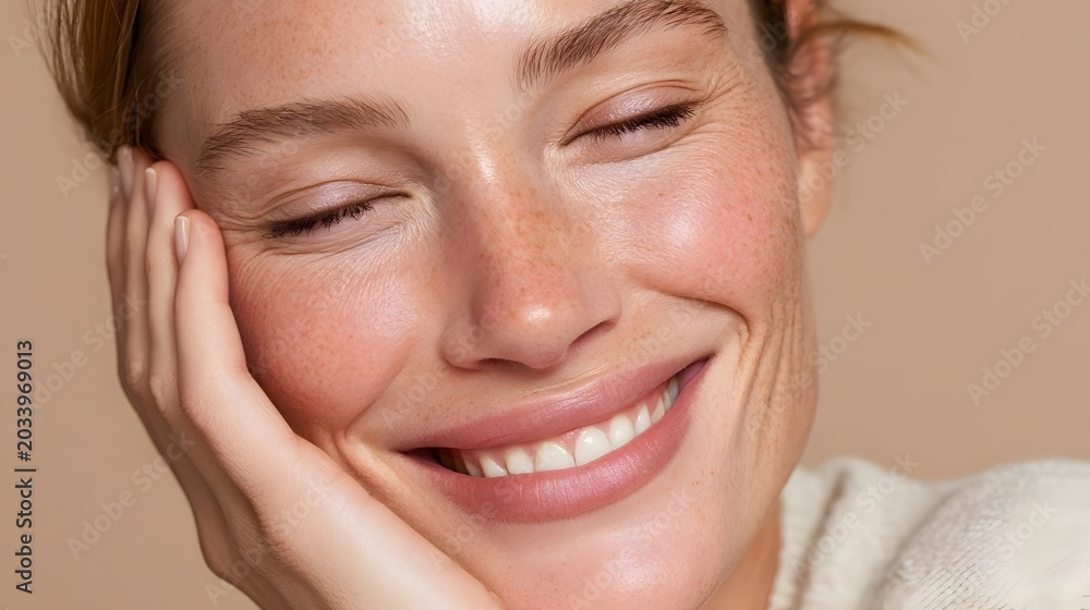 Obraz premium A beauty portrait of a woman smiling with her hand on her cheek. A skincare image showcasing her clear, beautiful skin and natural makeup. Stock Illustration