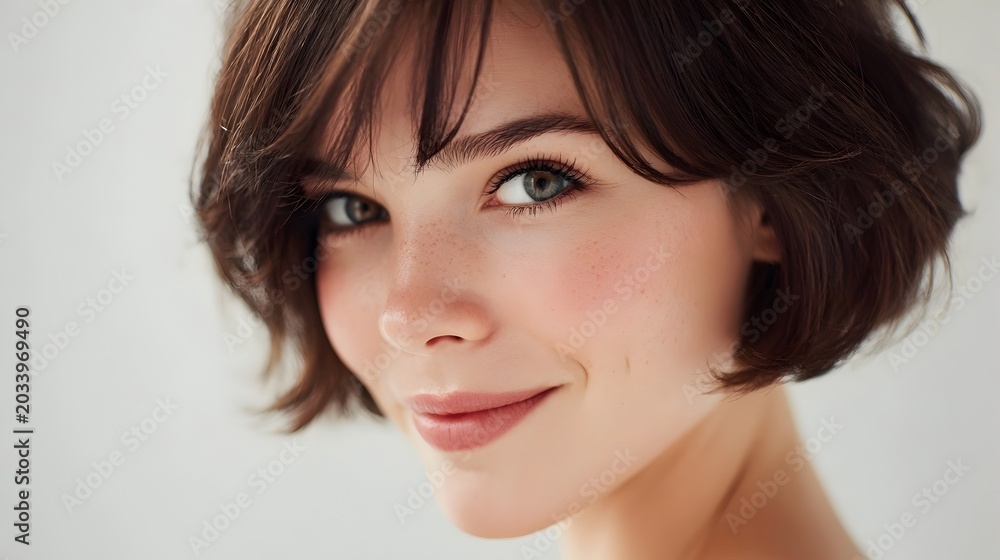 Fototapeta premium A transparent and natural beauty portrait of a young woman gazing with her head tilted in front of a light blue background. Stock Illustration