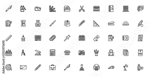 Stationery icon set. Minimal vector icons pack. Includes pen, pencil sharpener, adhesive, folder, scissors, crayon, book, document, ruler, stapler, highlighter, eraser, notebook, calendar, and more. E
