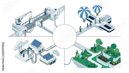 Photos Future Cityscape: An artistic depiction of a modern city showcasing innovative technology, sustainable energy solutions, and advanced transportation systems