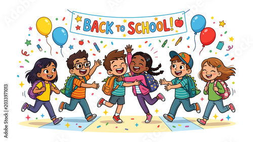 Bild auf Leinwand Back to School Excitement: A vibrant illustration captures a diverse group of happy children, beaming with excitement as they head back to school