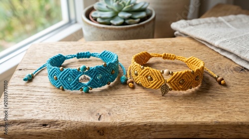 Handmade macrame beaded bracelets in turquoise and yellow