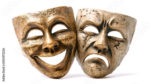 Comedy and tragedy masks isolated on white background background, theatrical drama symbols representing happy and sad emotions