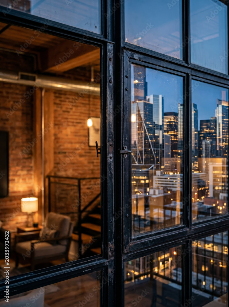 Fototapeta premium City skyline at night through tall loft windows