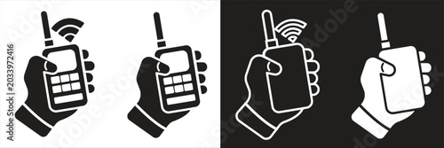 Photos Walkie talkie icon, symbol Hand holding walkie talkie, communication device with portable radio channel icon for security services and communication use, vector illustration