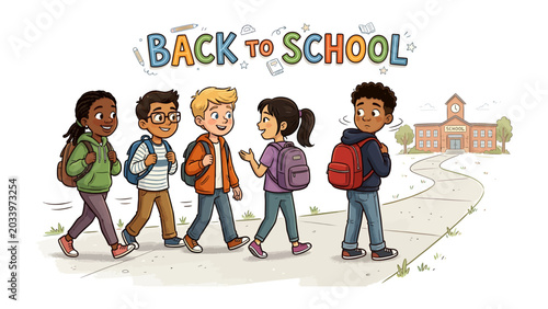 Foto Back to School Excitement: A diverse group of happy children, each with a backpack, walks towards their school building, ready for a new academic year, filled with anticipation and friendship
