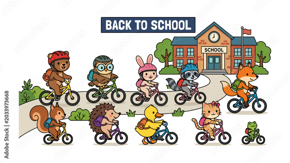 Fototapeta premium Back to School Animal Parade: A charming collection of anthropomorphic animal characters, including a bear, owl, rabbit, raccoon, fox, squirrel, hedgehog, duck, cat, and frog.
