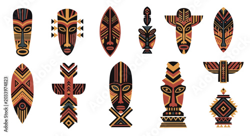 Foto Collection of African Tribal Masks and Totem Poles.