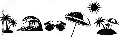 Black and white beach icons set