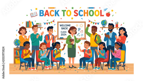 Foto Back to School Celebration: A vibrant classroom filled with happy students and teachers celebrating the start of a new academic year with excitement and colorful decorations