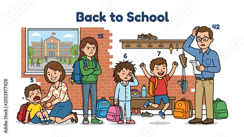 Fotografie Back to School Antics: A lively scene depicting the chaotic yet heartwarming return to school, with a mix of crying, excited, and overwhelmed children alongside a bewildered teacher and parent
