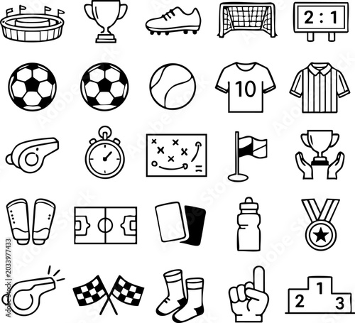 Football soccer sport icons collection with water bottle football collection illustration scoreboard