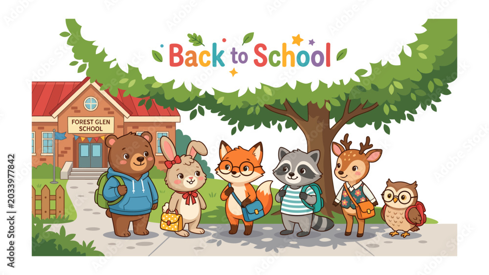 Fototapeta premium Back to School Animals: A group of cute cartoon animals including a bear, rabbit, fox, raccoon, deer, and owl are gathered outside a school building, ready for their first day of class.