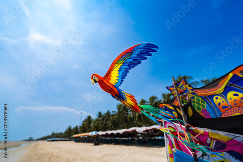 Parrot Kites Take Flight: Vibrant parrot-shaped kites soar against a brilliant blue sky, their colorful wings spread wide over a serene beach, promising fun and adventure.