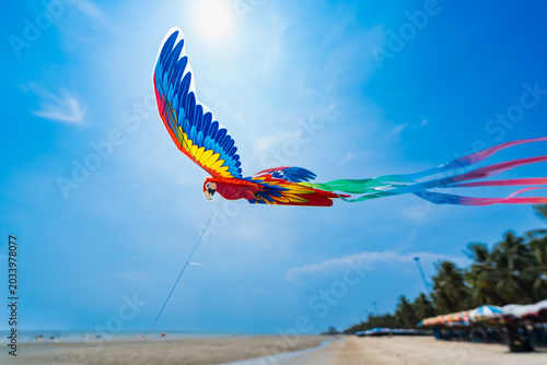 Parrot Kite Soaring Over Beach: A vibrant, colorful kite shaped like a parrot takes flight against a clear blue sky, carried by the wind over a sandy beach lined with palm trees.
