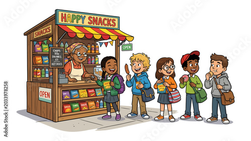 Fotografia Happy Snacks Stand: A cheerful scene unfolds at a Happy Snacks stand, where a friendly vendor serves a line of eager children, each holding snacks and bags