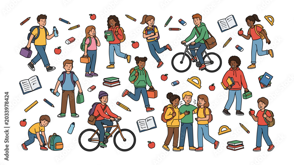 Fototapeta premium Students Back to School Concept: A vibrant collection of diverse students, carrying backpacks and books, engaged in various school-related activities.