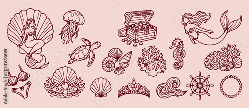 Foto Underwater treasure chest discovery, marine shell and pearl, minimalist beach ad