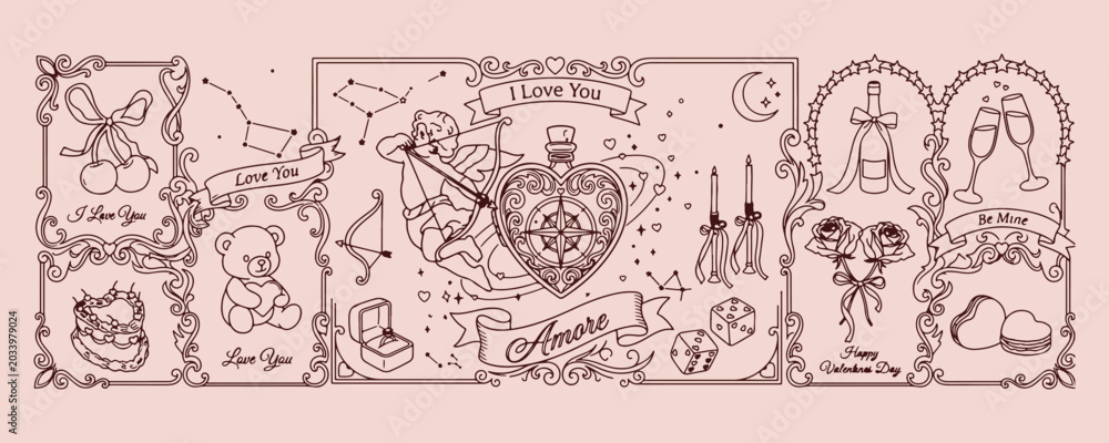Obraz premium Romantic love potion bottle, apothecary vintage sketch set, minimalist valentine day vector, clean love spell illustration, magical romantic graphic, premium heart flask design, love symbol background
