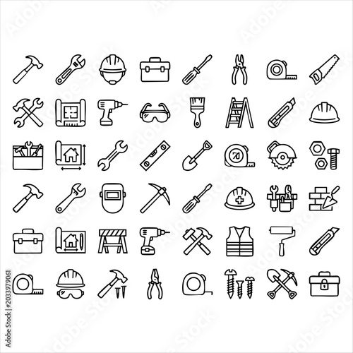 Set of construction and repair tools icons with safety gear and building elements tape measure safety glasses