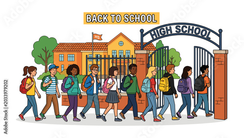 Fényképezés Back to School Excitement: A group of diverse students walks through the gates of a high school, backpacks on, ready for a new academic year filled with learning and discovery