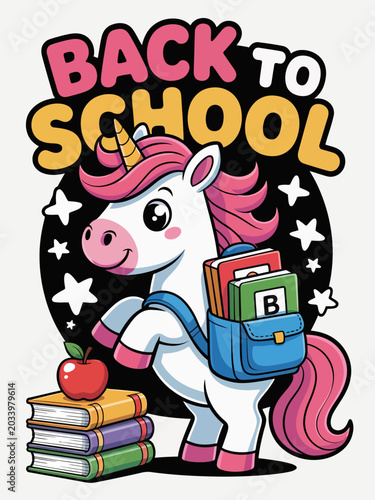A cheerful unicorn carries a backpack filled with books against a black background, surrounded by stars. The phrase 'Back to School' is brightly displayed above.